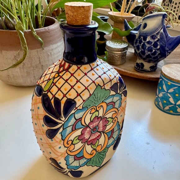 Handmade Oval Multi-Color Talavera Style Ceramic Tequila Decanter - Picture 2 of 3